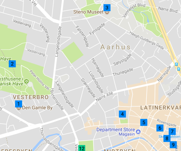 Map of Things to do in Aarhus day 1